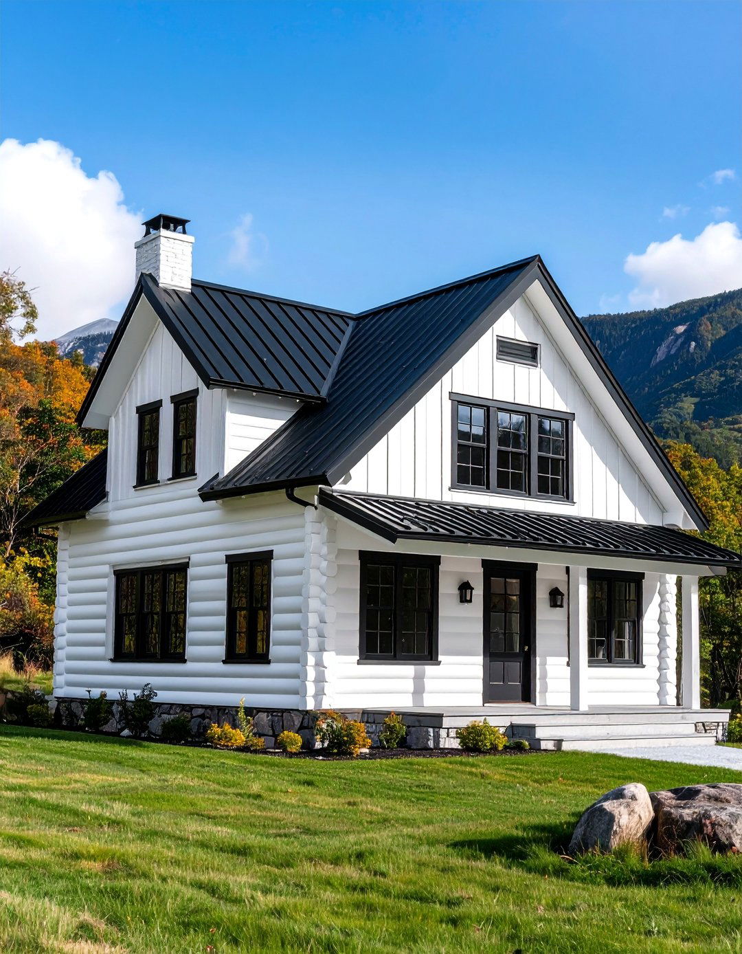 Rustic Lodge Style with Black Log Accents - 25 single story white house black trim