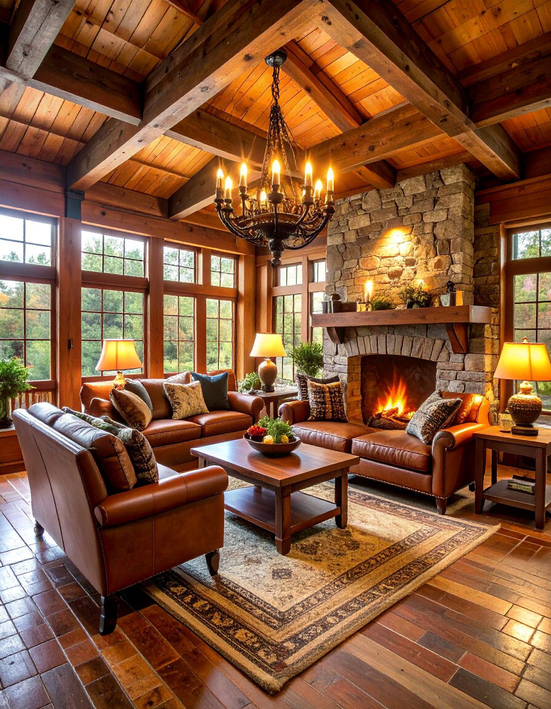 Rustic Lodge Sunroom with Aged Brick Floors - 25 Brick Floor Sunroom Ideas