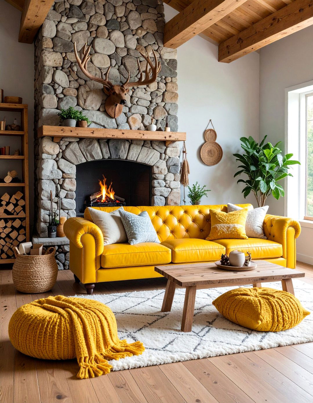 Rustic Lodge Yellow Leather Sofa with Stone and Wood - 25 Yellow Couch Living Room Ideas