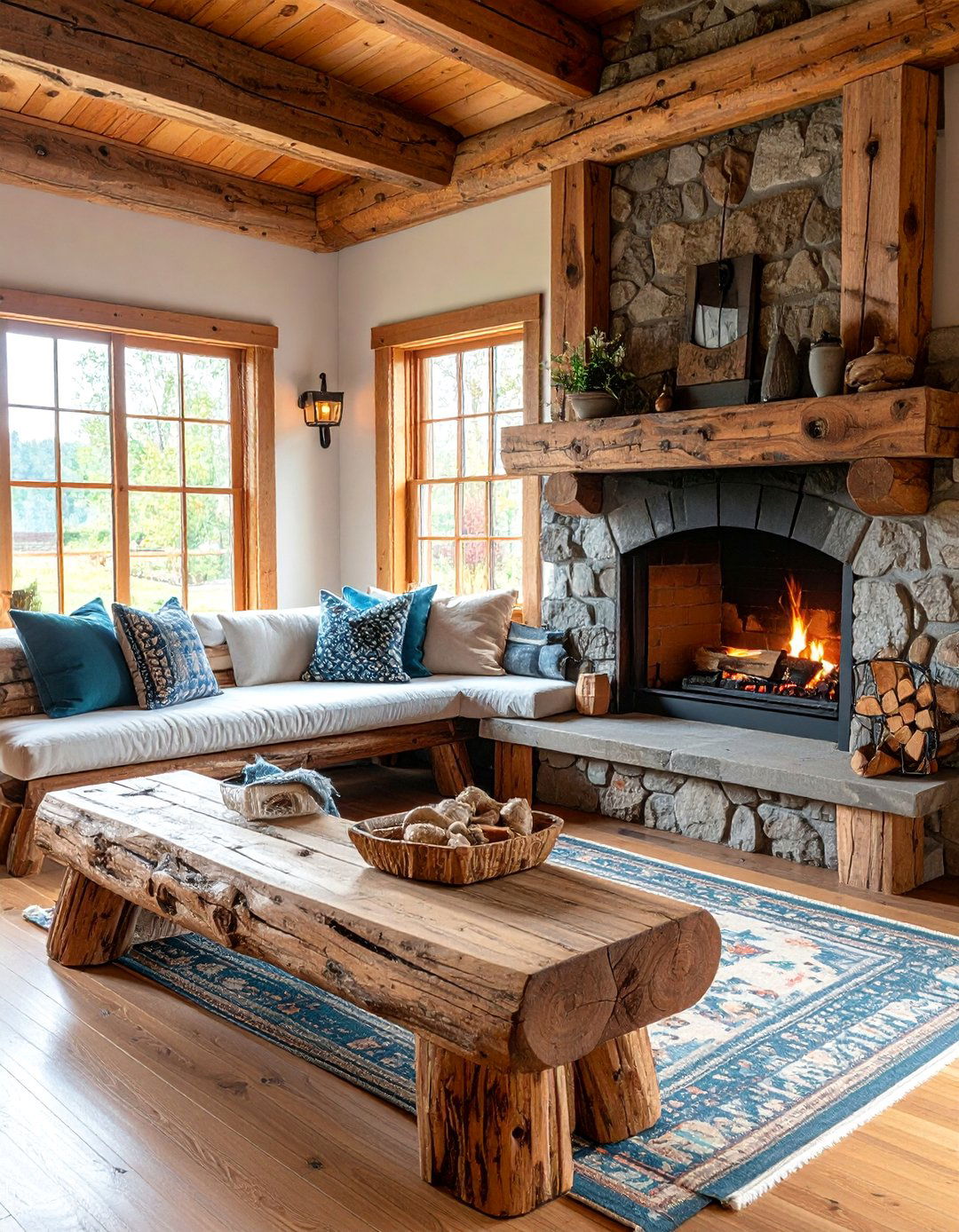 Rustic Log Bench Fireplace Seating - 25 Fireplace Seating Ideas