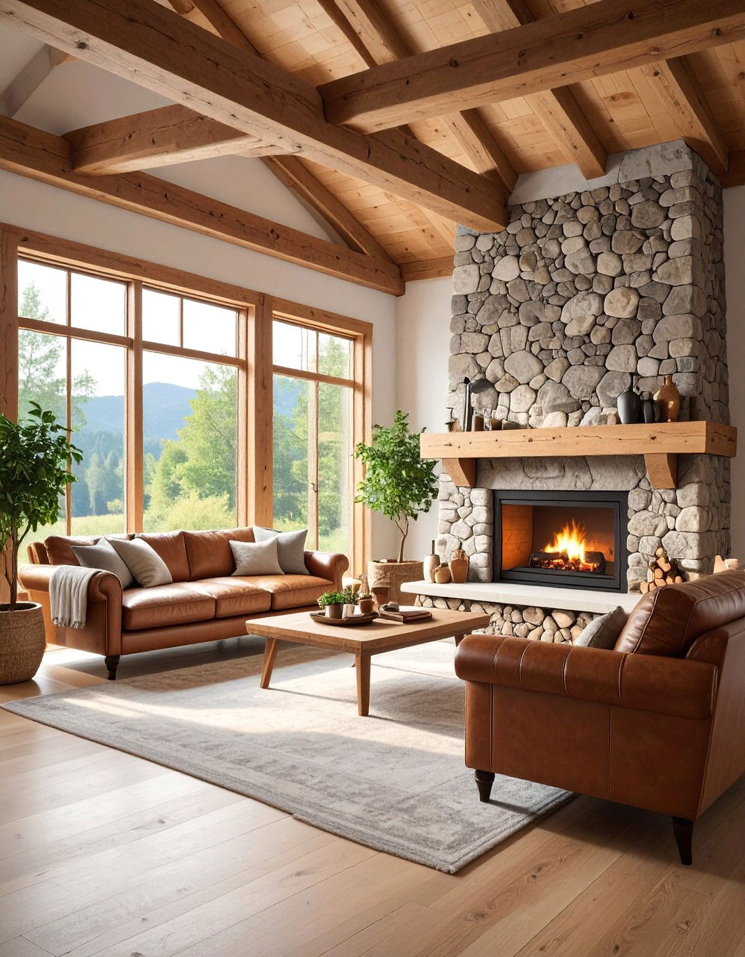 Rustic Log Burner with Stone Veneer and Wooden Beams - 25 Log Burner Ideas