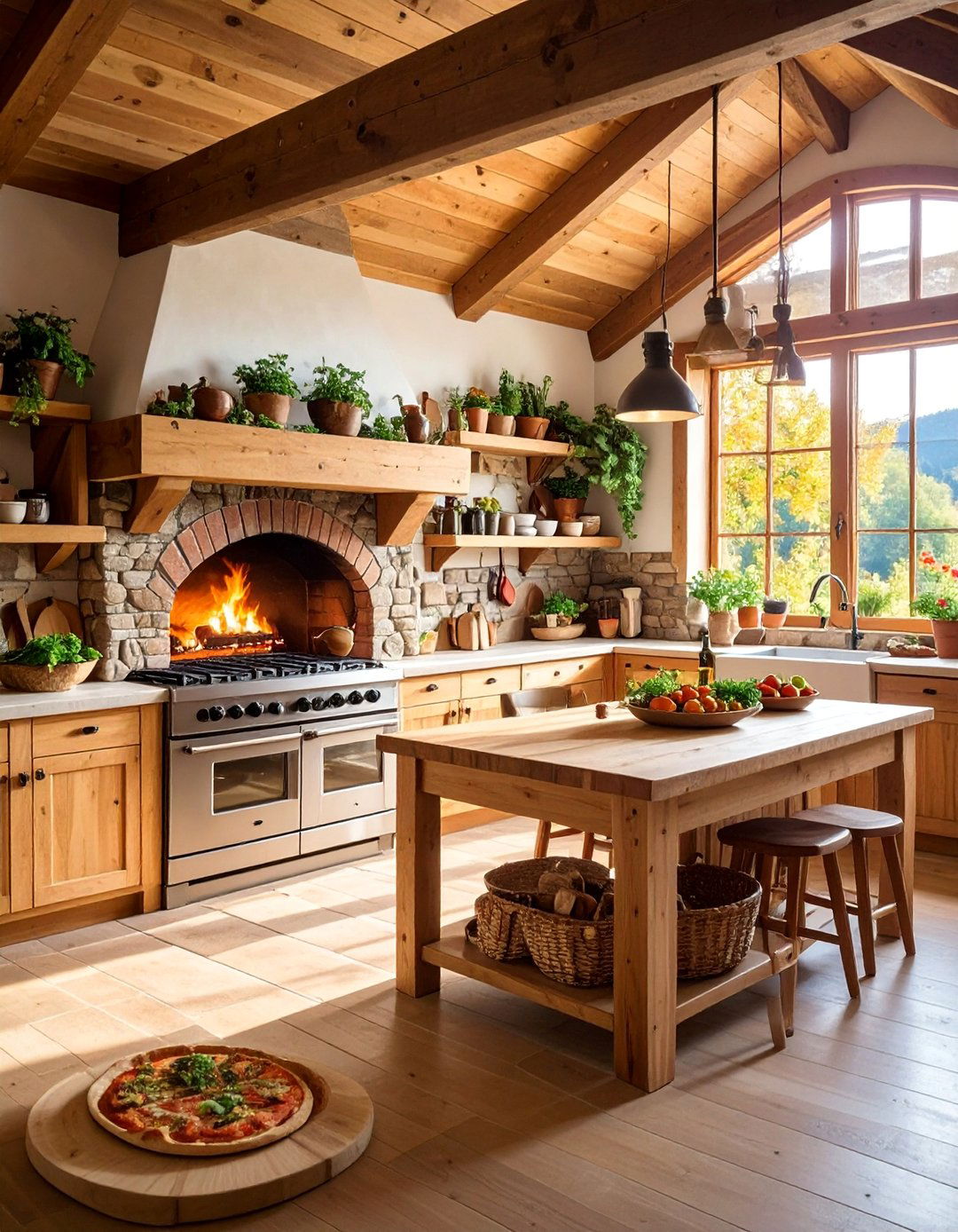 Rustic Log Cabin Kitchen with Brick Oven and Pizza Station - 25 Log Cabin Kitchen Design Ideas
