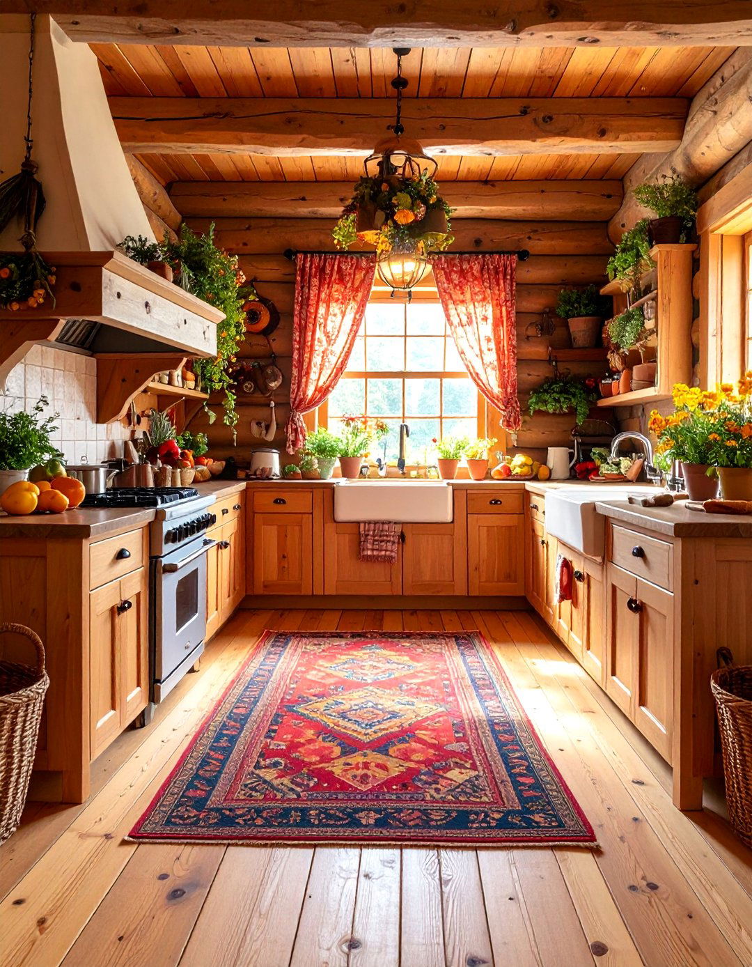 Rustic Log Cabin Kitchen with Plank Wood Flooring and Area Rugs - 25 Log Cabin Kitchen Design Ideas