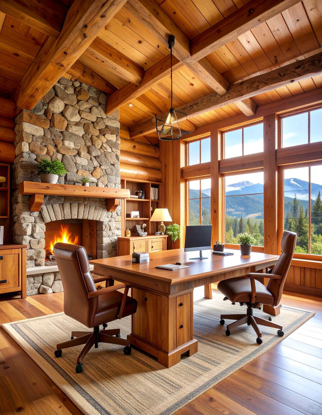 Rustic Log Cabin Office with Stone Fireplace - 25 Home Office With Fireplace Ideas
