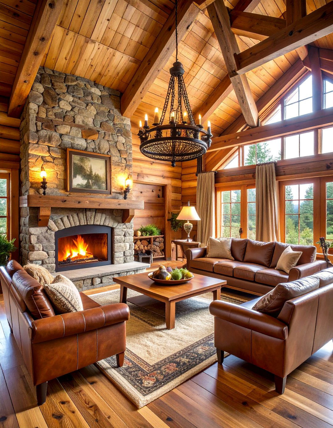Rustic Log Cabin Style with Stone Fireplace - 25 Living Room Vaulted Ceiling Ideas