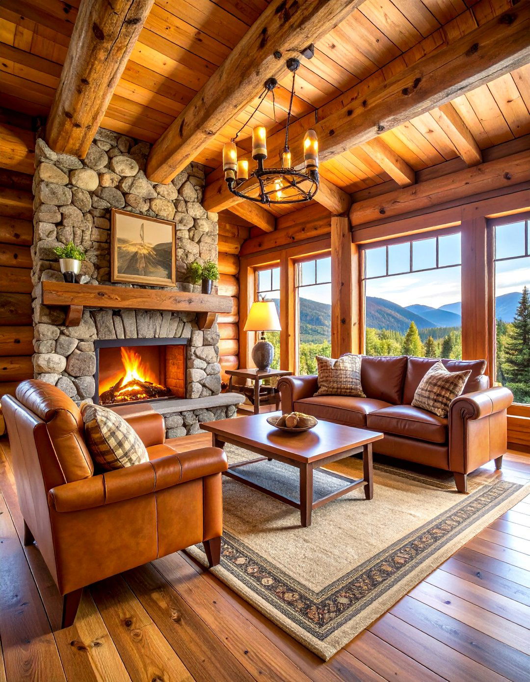 Rustic Log Cabin with Stone Fireplace Centerpiece - 25 One Room Cabin Interior Design Ideas