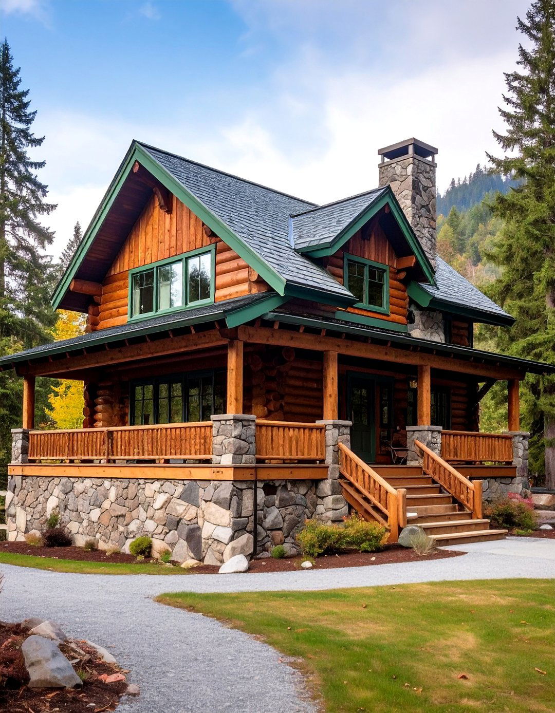 Rustic Log Home with Deep Green Chinking - 25 Dark Green Exterior Ideas