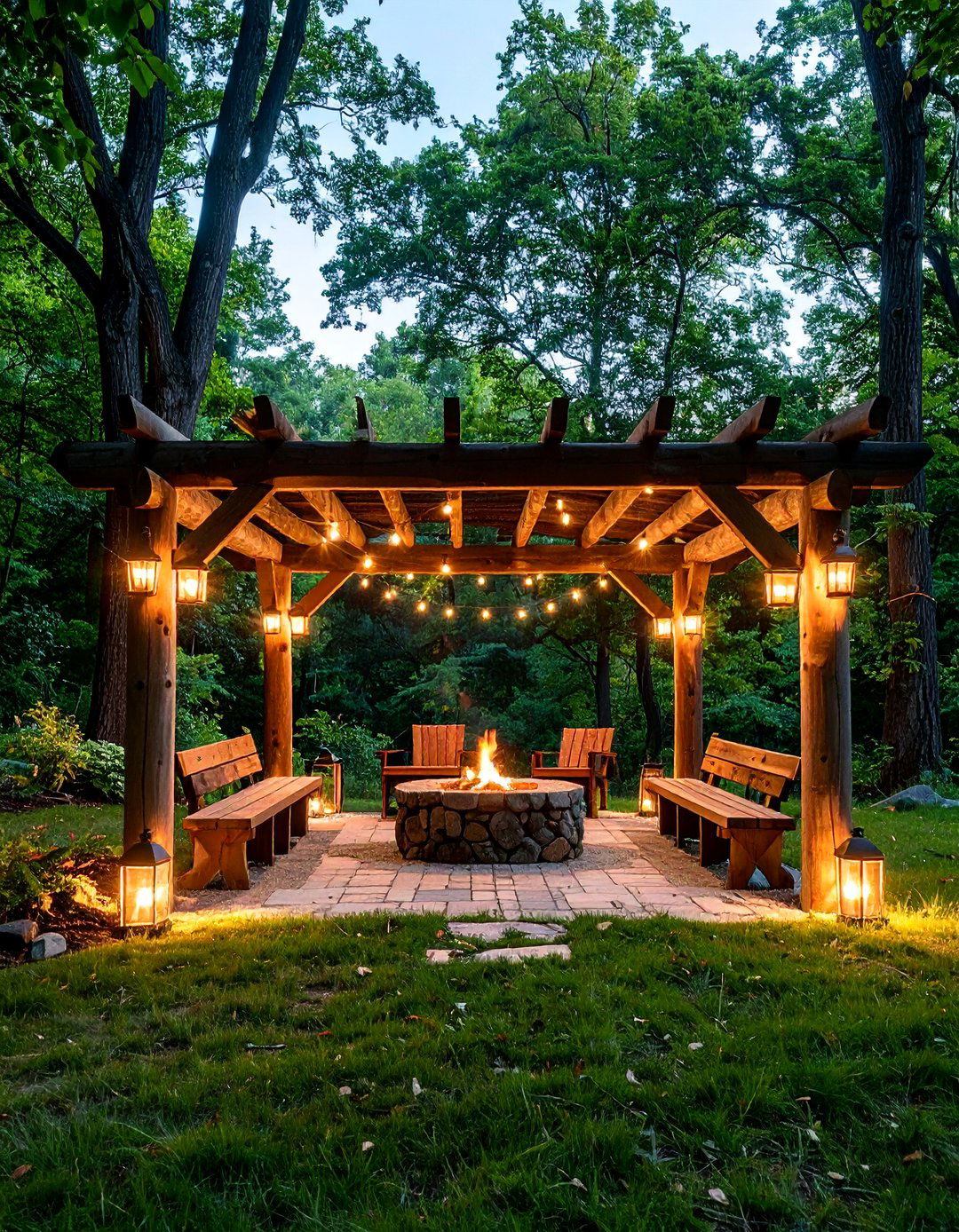 Rustic Log Pergola Garden Shade Over Firepit - 25 Garden Shade Ideas