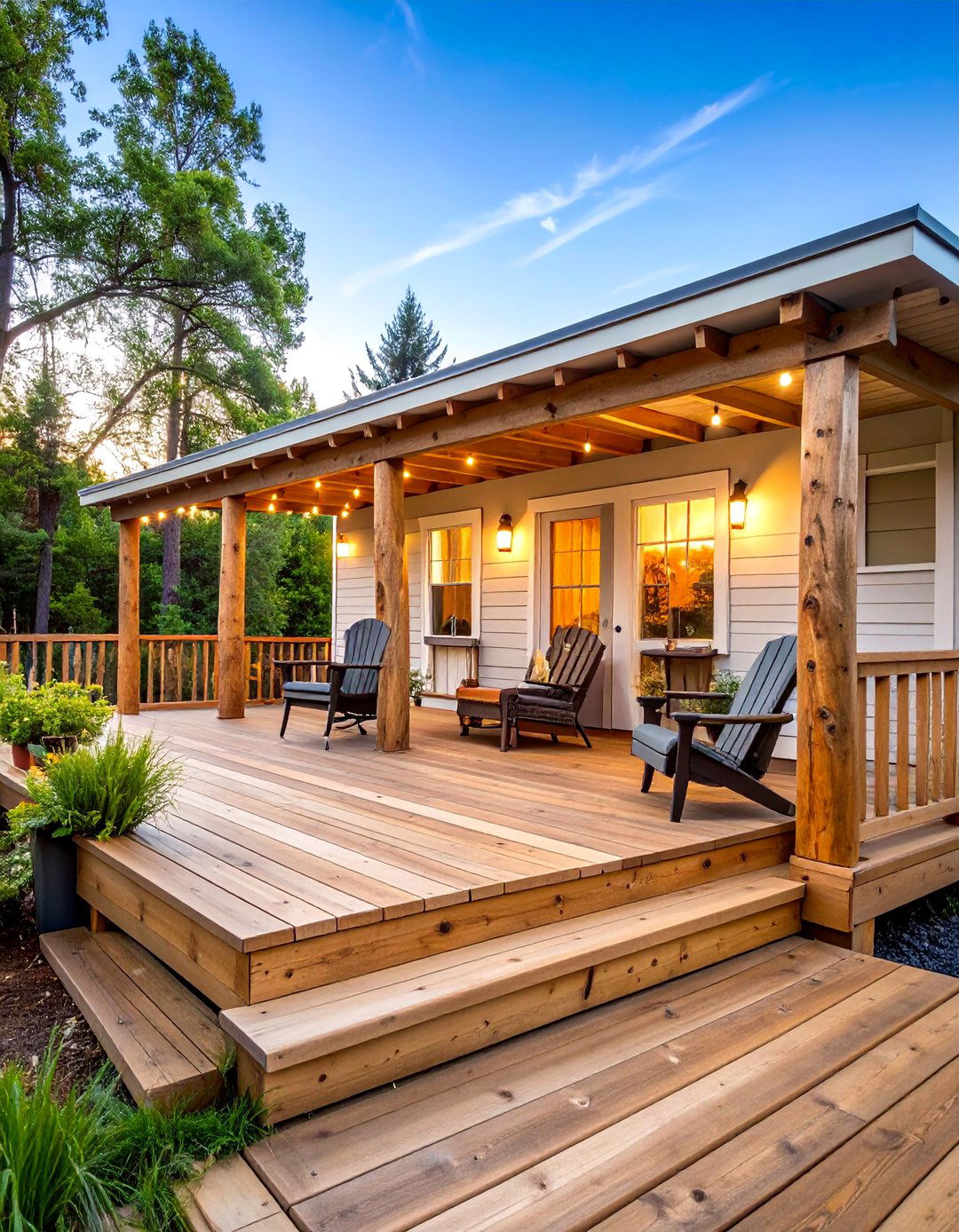 Rustic Log Style Deck with Natural Materials - 25 Mobile Home Deck Ideas