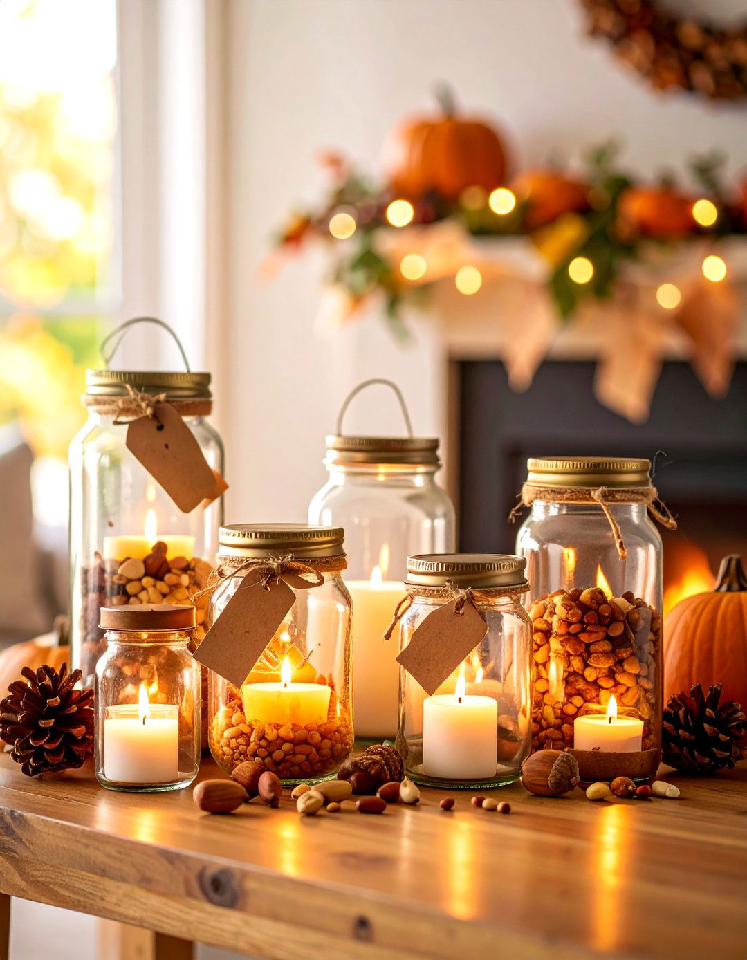 Rustic Mason Jar Lantern Display - 25 Thanksgiving Decor Ideas