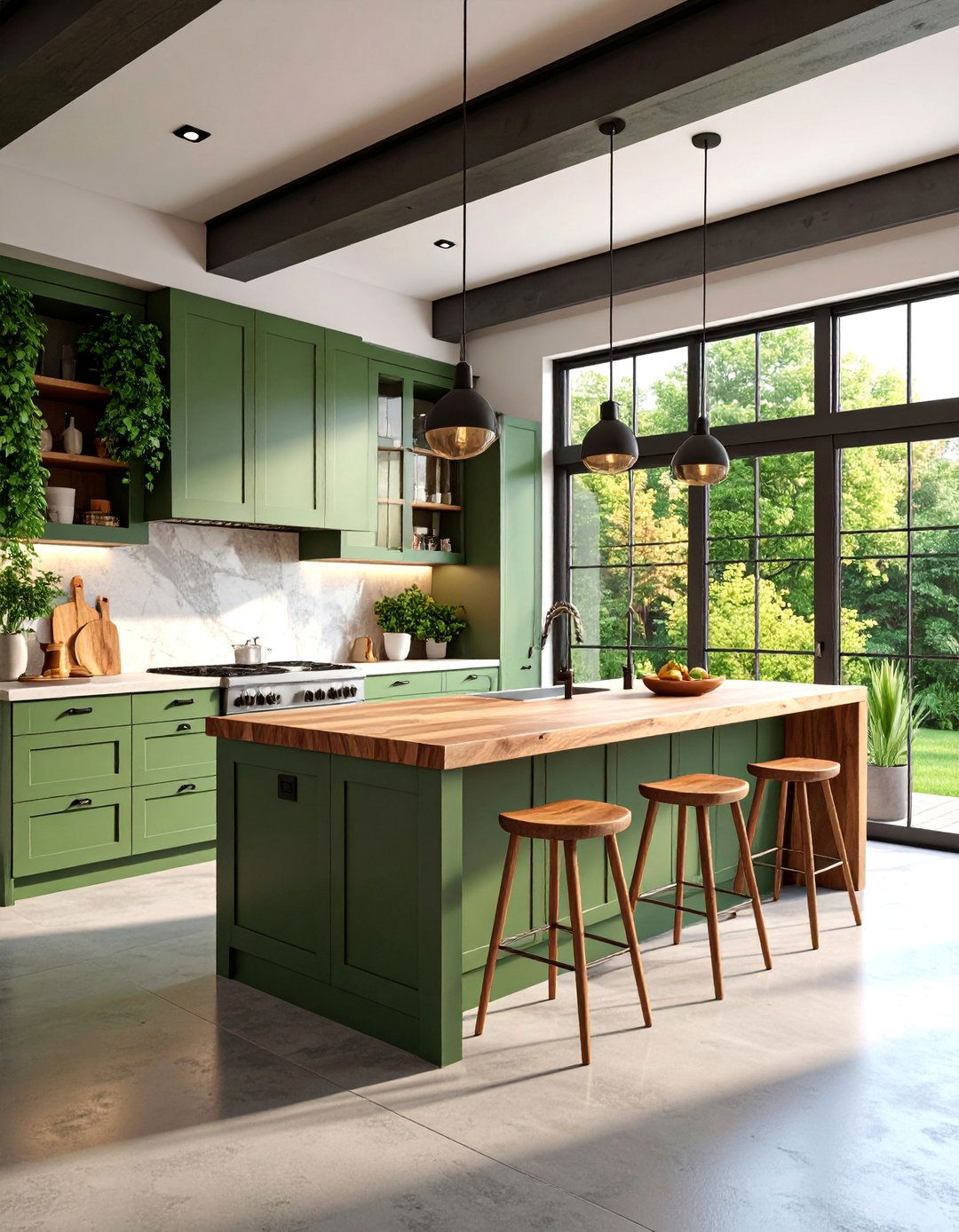 Rustic Modern Sage Green Kitchen with Live Edge Walnut Butcher Block - 25 Sage Green Kitchen Cabinets With Butcher Block Countertops