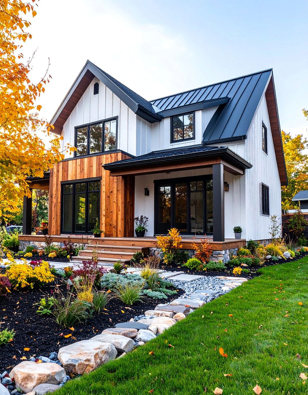 Rustic Modern with Natural Wood Accents - 25 White Exterior Home with a Black Roof Ideas