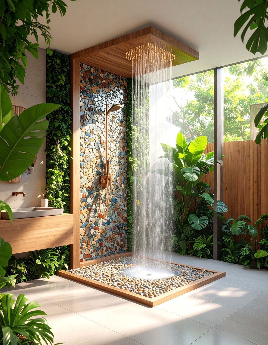 Rustic Mosaic Art Feature Installation - 25 Rustic Walk-in Shower Ideas