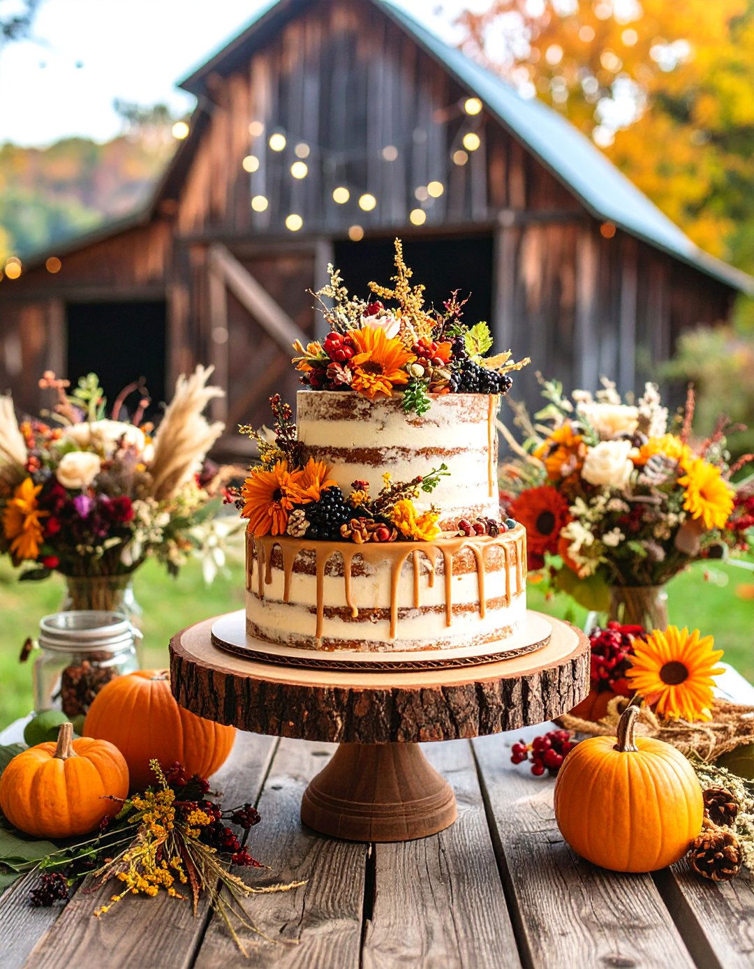 Rustic Naked Cake with Wood and Burlap Accents - 25 Naked and Semi-naked Wedding Cake Ideas