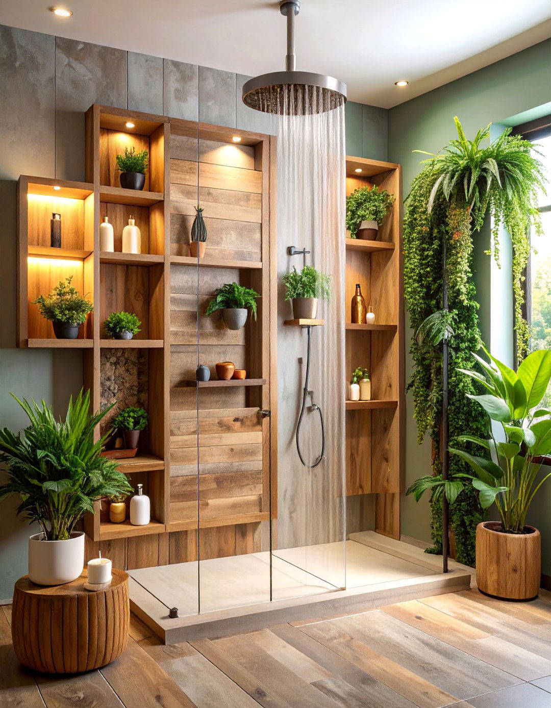 Rustic Niche Storage Gallery Wall - 25 Rustic Walk-in Shower Ideas