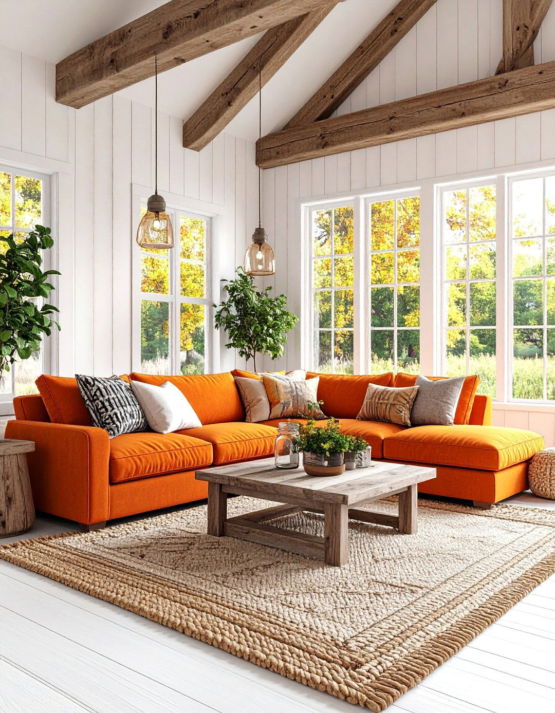 Rustic Orange Couch Living Room with Farmhouse Charm - 25 Orange Couch Living Room Ideas