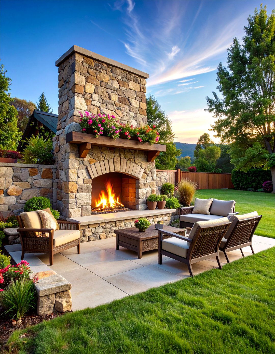 Rustic Outdoor Fireplace with Seating Walls - 25 Rustic Landscaping Ideas