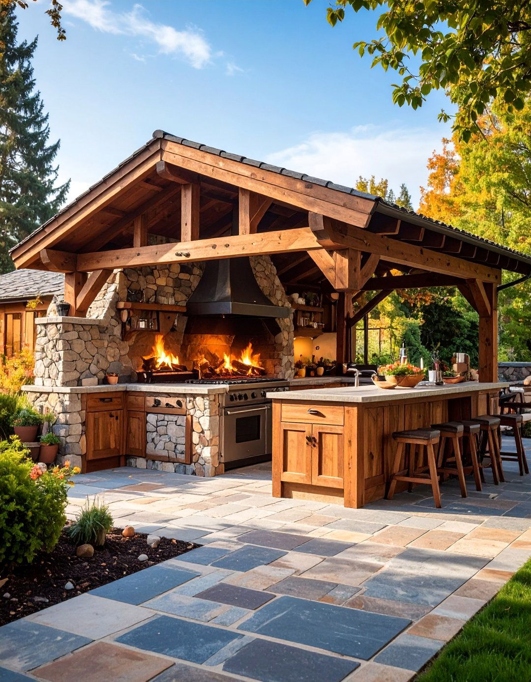 Rustic Outdoor Kitchen with Stone and Timber Details - 25 Rustic Landscaping Ideas