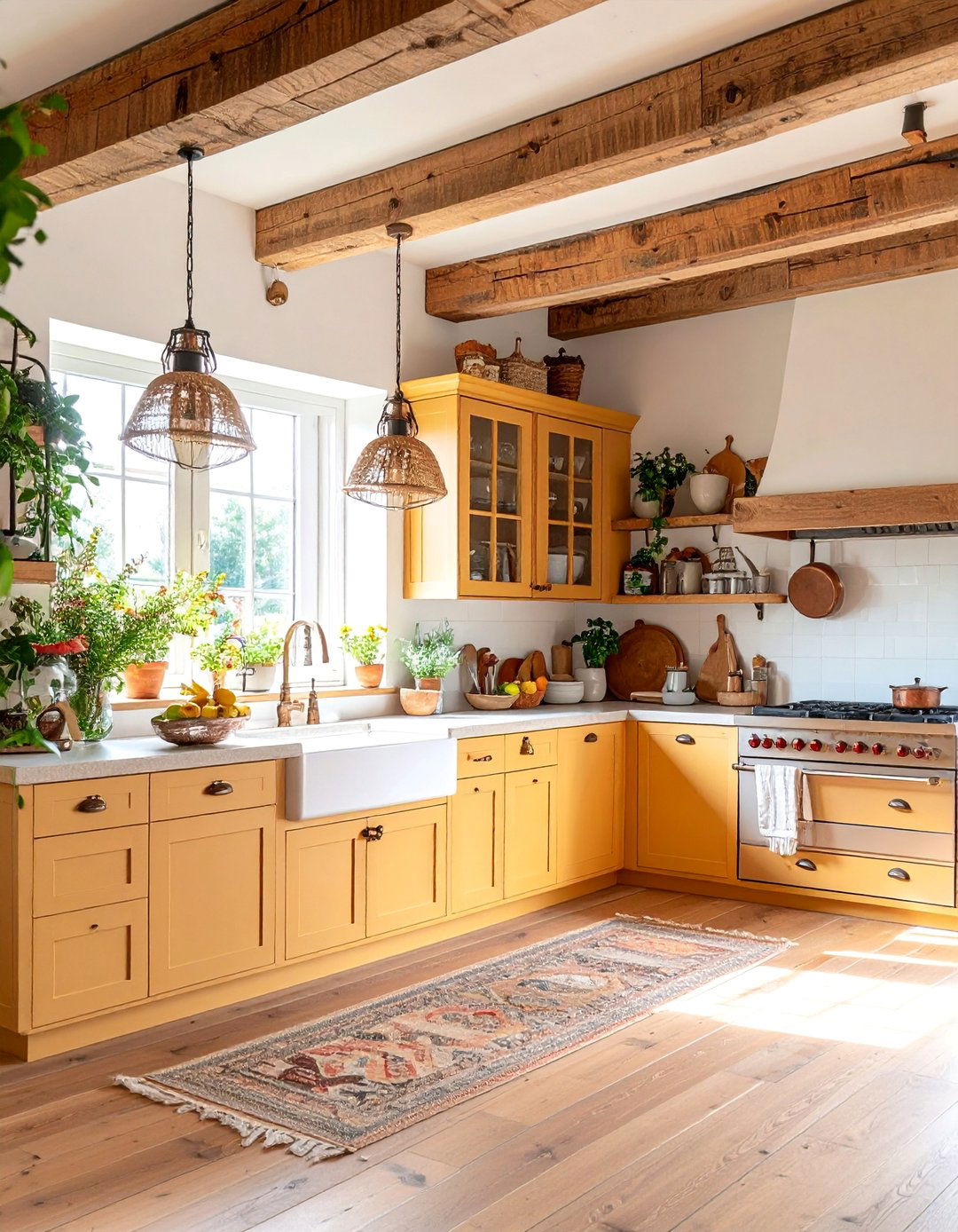 Rustic Pale Yellow Kitchen with Reclaimed Wood Beams - 25 Pale Yellow Kitchen Ideas