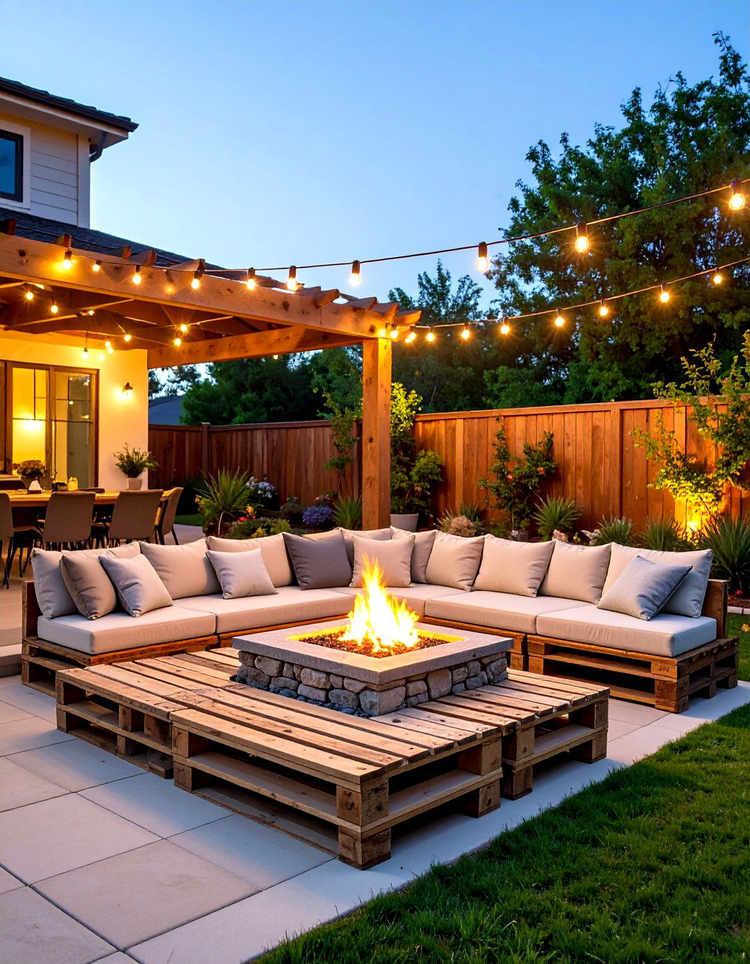 Rustic Pallet Fire Pit Lounge Area - 25 Cheap Backyard Makeover Ideas
