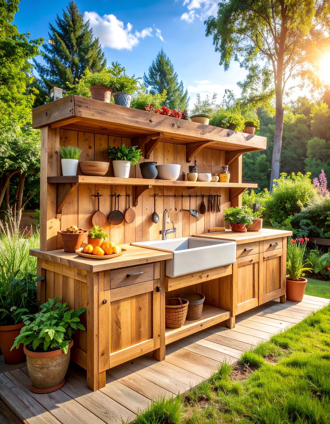 Rustic Pallet Mud Kitchen with Storage Shelves - 25 Mud Kitchen Ideas