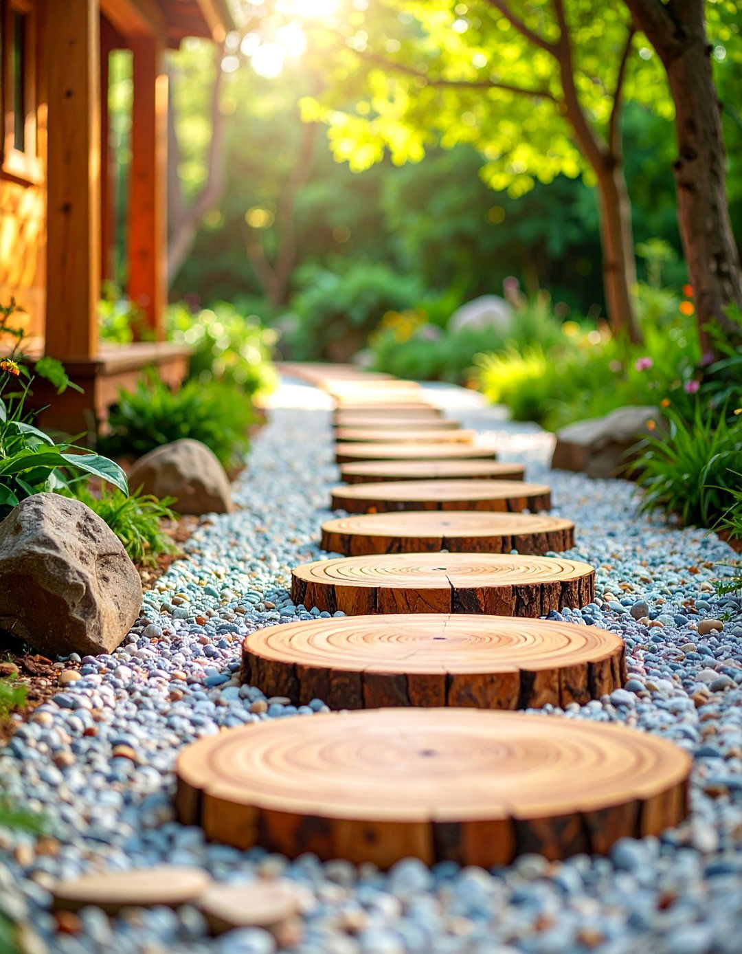 Rustic Pea Gravel Walkway with Timber Stepping Stones - 25 Pea Gravel Walkway Ideas