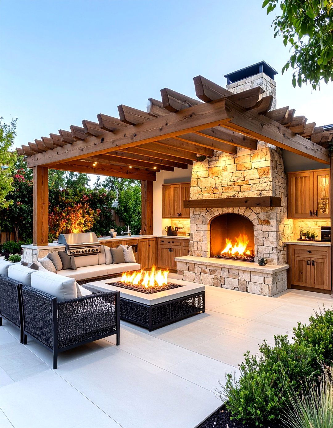 Rustic Pergola with Outdoor Fireplace - 25 Rustic Outdoor Kitchen Ideas