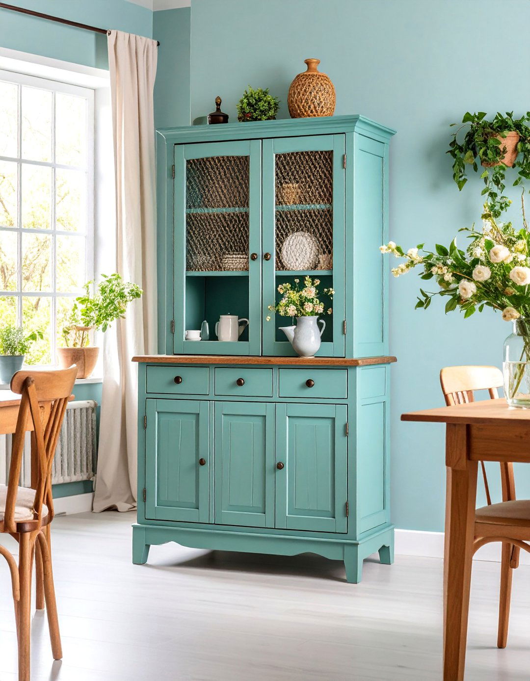 Rustic Pine Hutch with Distressed Paint Finish - 25 Dining Room Hutch Ideas