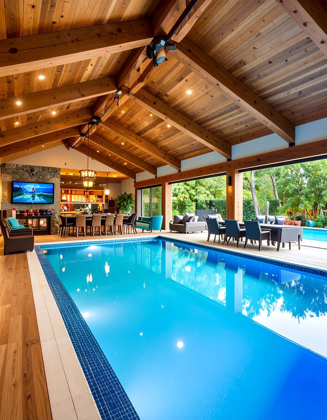 Rustic Pool House with Entertainment System and Game Room - 25 Rustic Pool House Ideas