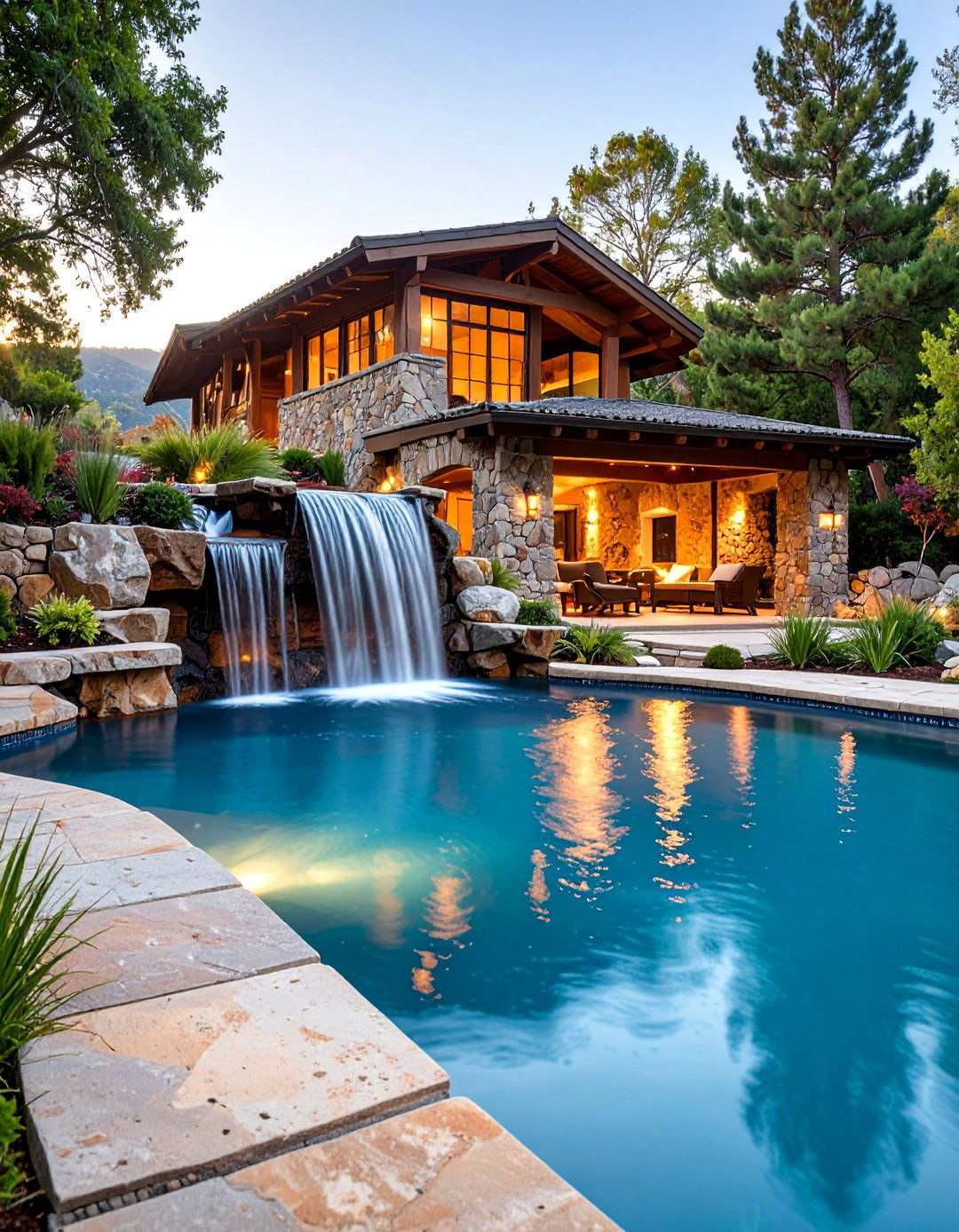 Rustic Pool House with Natural Stone Waterfall Feature - 25 Rustic Pool House Ideas