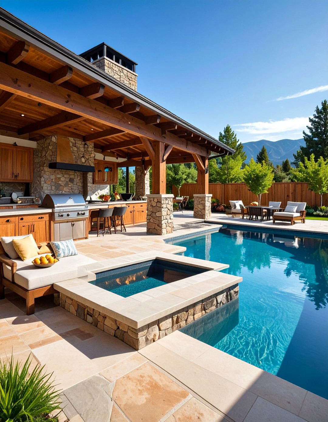 Rustic Pool House with Outdoor Kitchen and Stone Fireplace - 25 Rustic Pool House Ideas