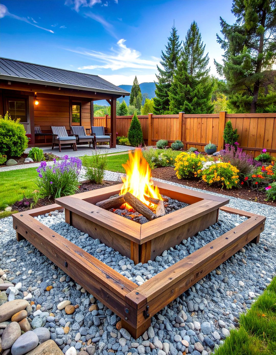 Rustic Railroad Tie Fire Pit with Gravel Base - 25 Wood Burning Fire Pit Ideas