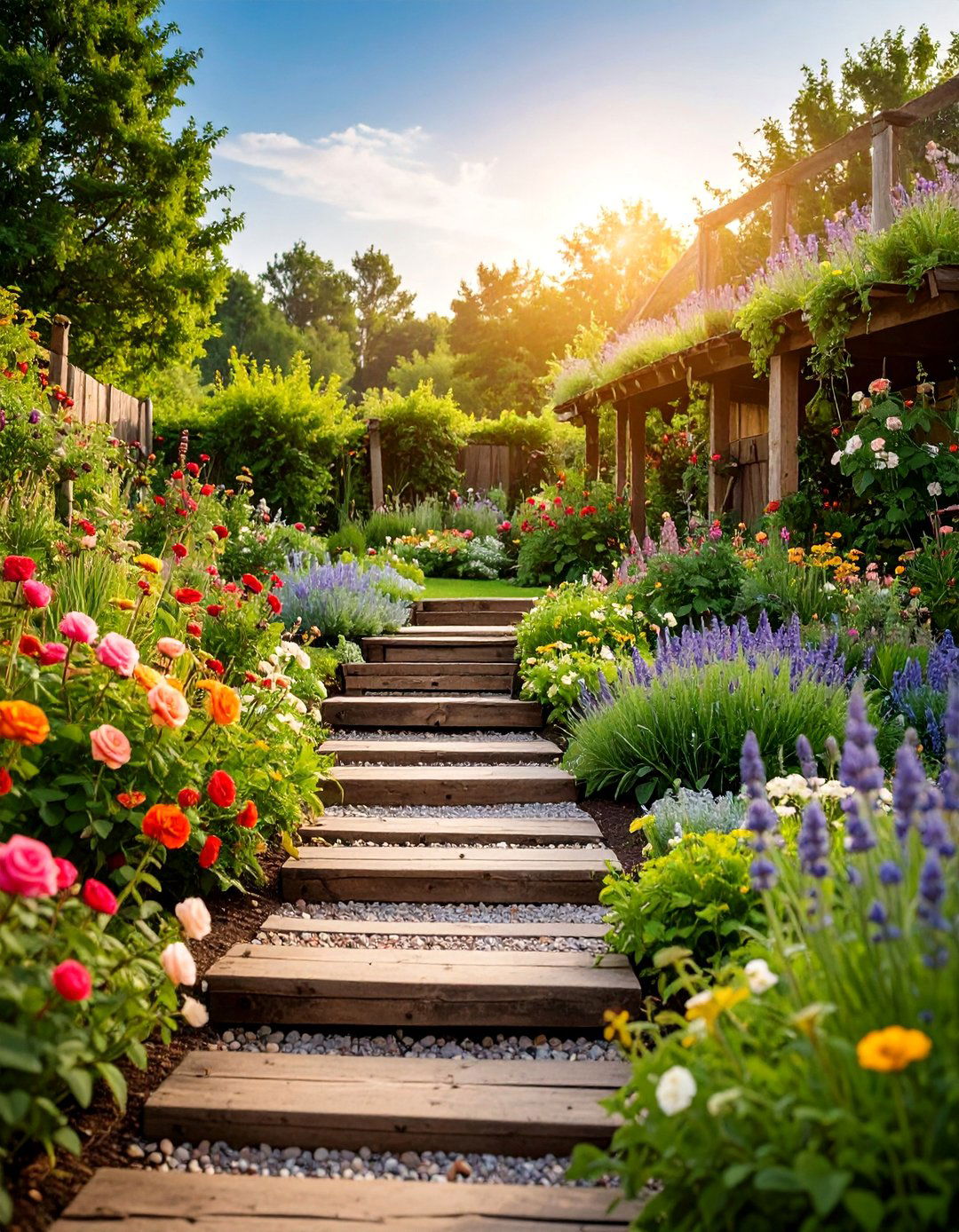 Rustic Railway Sleeper Tiered Garden with Cottage Plants - 25 Tiered Garden Ideas