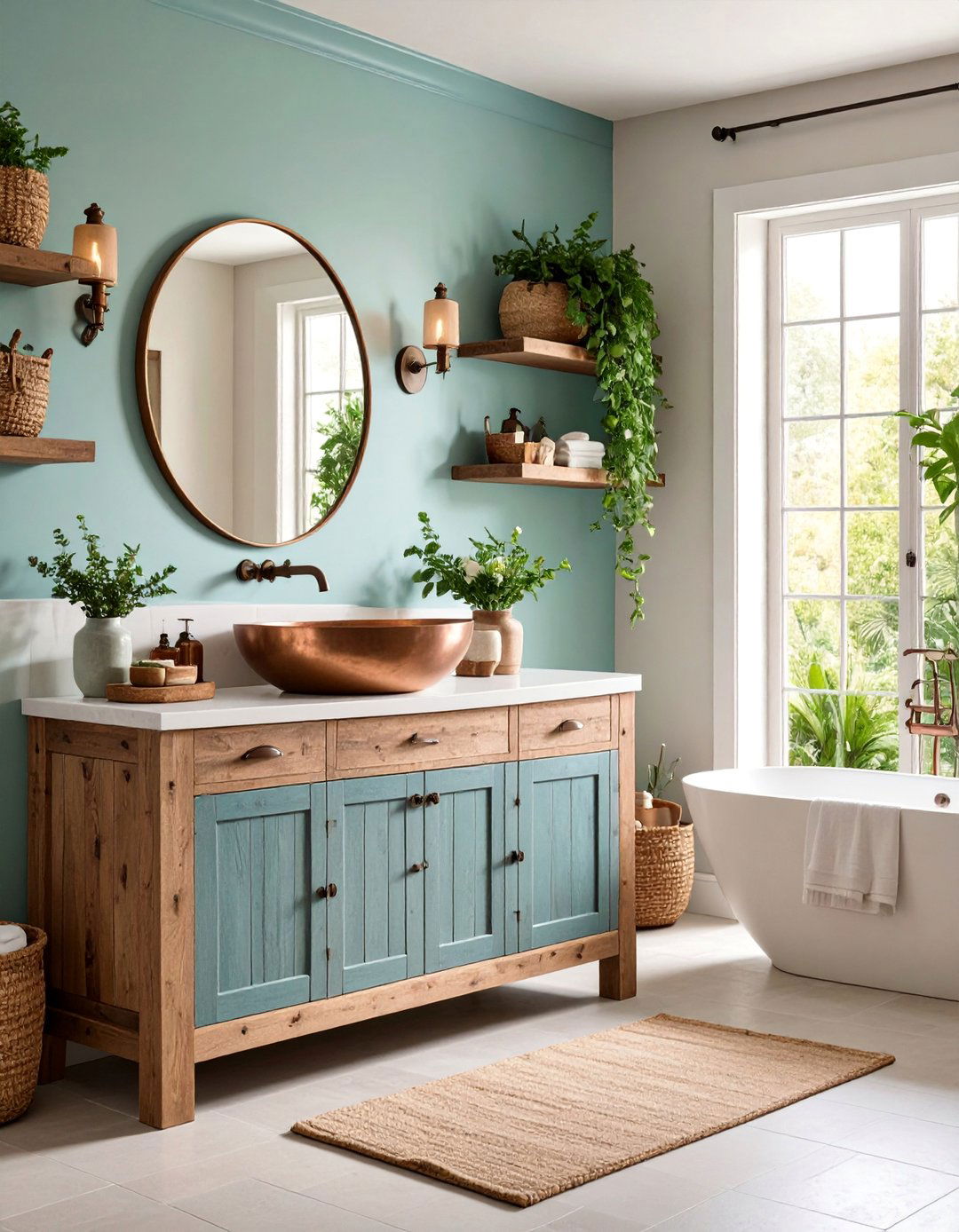 Rustic Reclaimed Wood Floating Vanity with Copper Vessel Sink - 25 Floating Vanity Bathroom Ideas