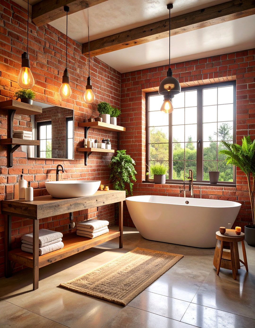 Rustic Red Bathroom with Exposed Brick - 25 Red Bathroom Ideas