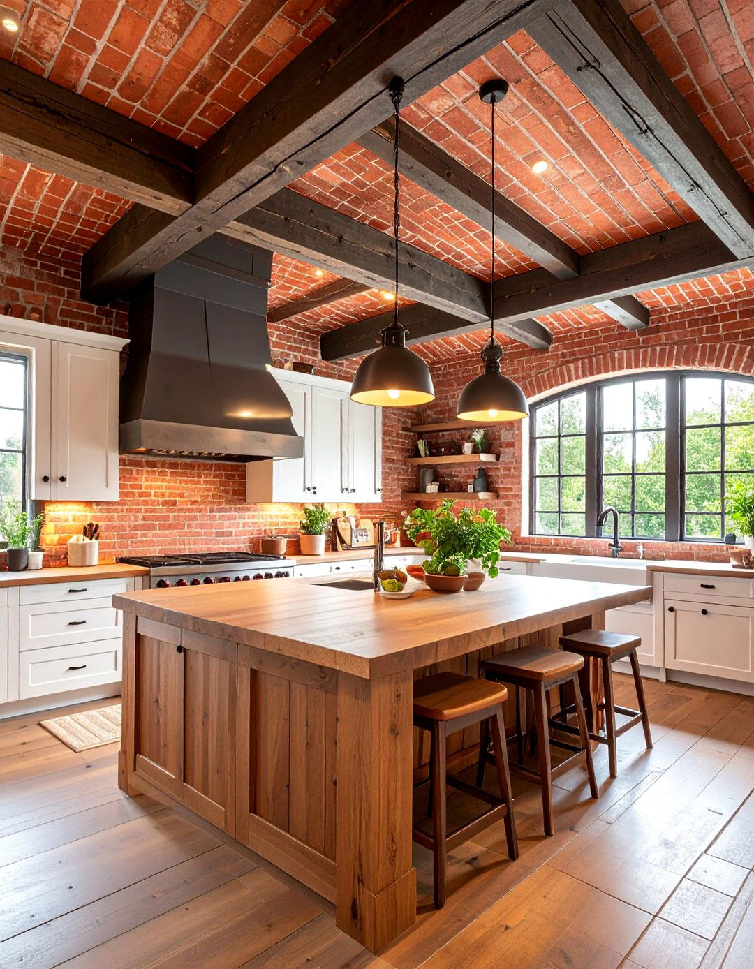 Rustic Red Brick Ceiling with Exposed Beams - 25 Red Brick Kitchen Ideas