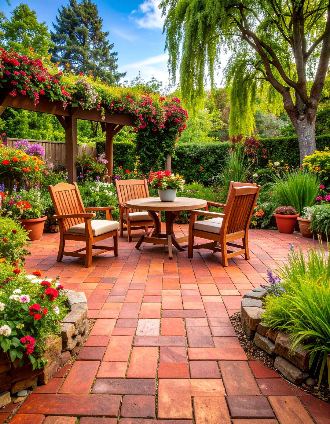 Rustic Red Paver Patio with Natural Stone Accents - 25 Red Paver Patio Ideas