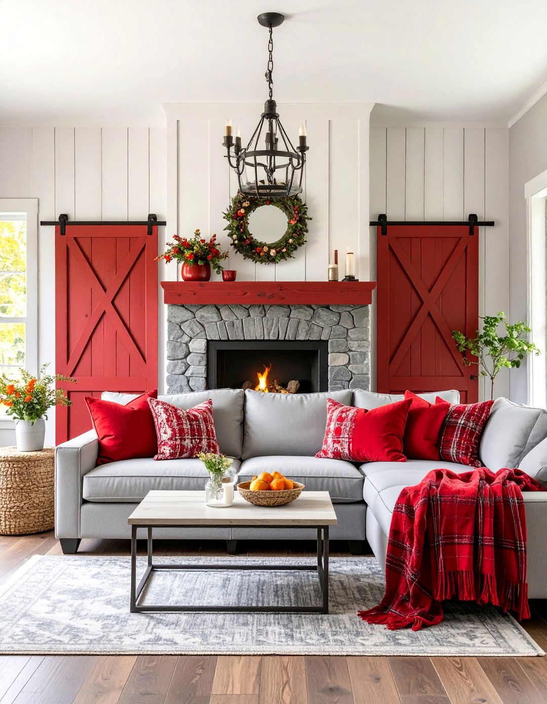 Rustic Red and Grey Farmhouse Living Room - 25 Red and Grey Living Room Ideas