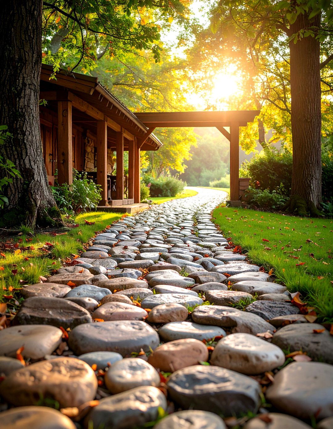 Rustic River Rock Driveway with Wooden Timber Borders - 25 Gravel Driveway Ideas