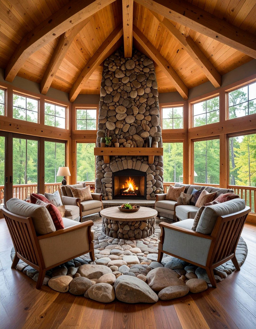 Rustic River Rock Fireplace with Vaulted Ceiling Integration - 25 Floor-to-Ceiling Stone Fireplace Ideas