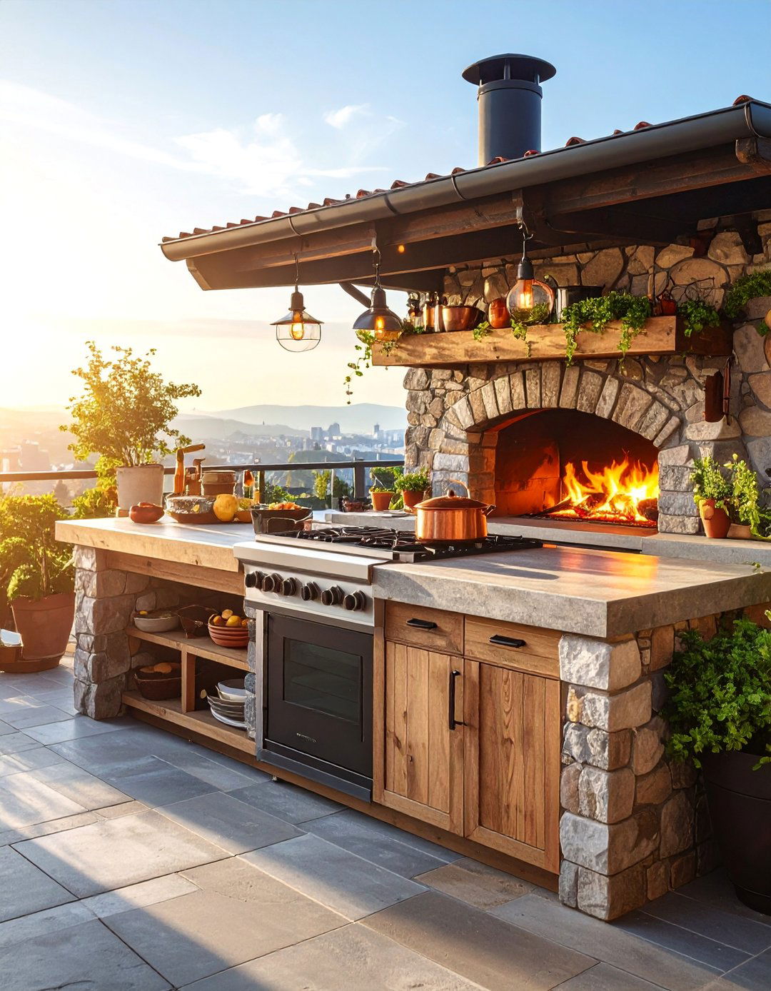 Rustic Rooftop Kitchen with Natural Stone Pizza Oven - 25 Rooftop Kitchen Ideas