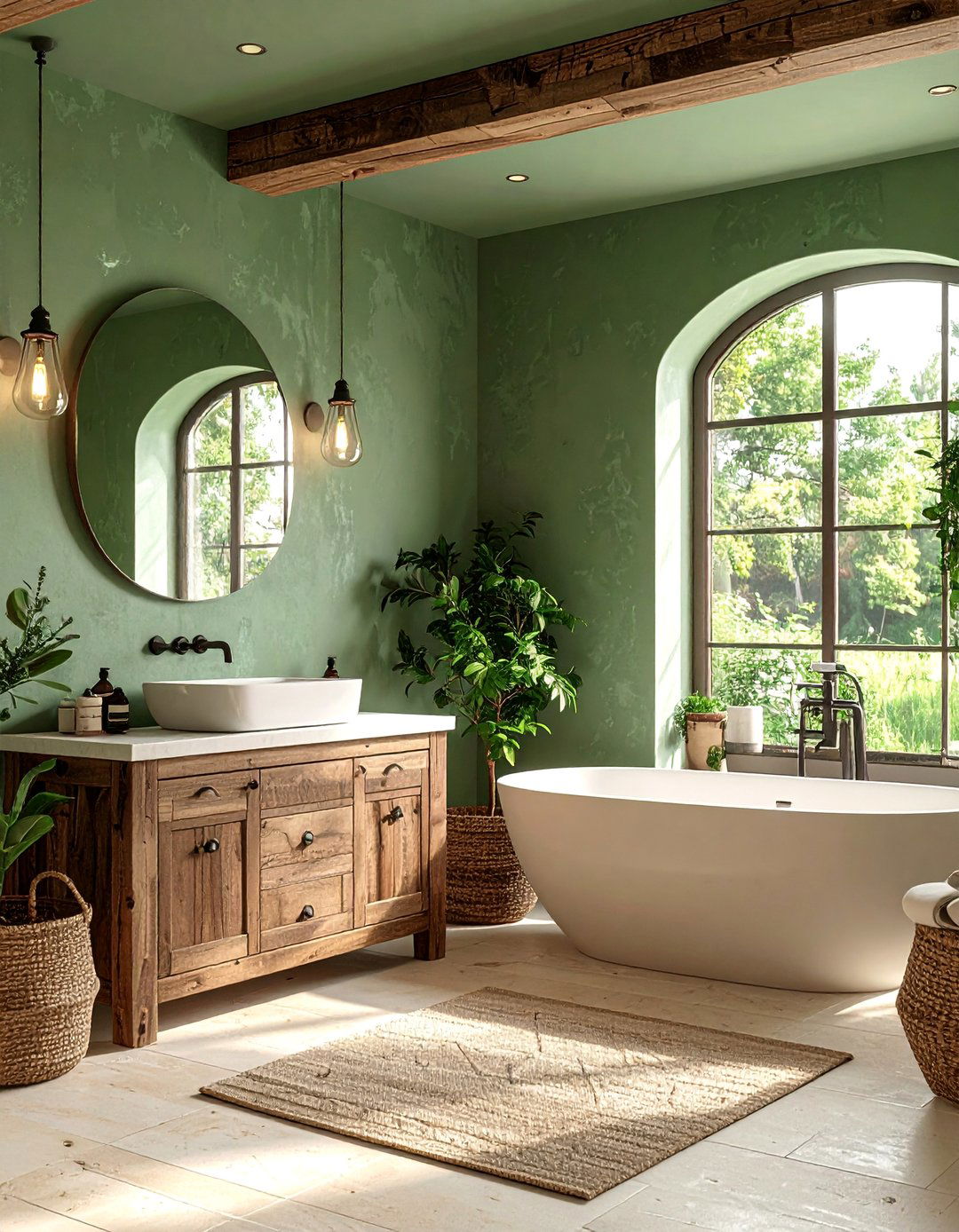 Rustic Sage Green Bathroom with Cream Stone and Reclaimed Wood - 25 Sage Green and Cream Bathroom Ideas