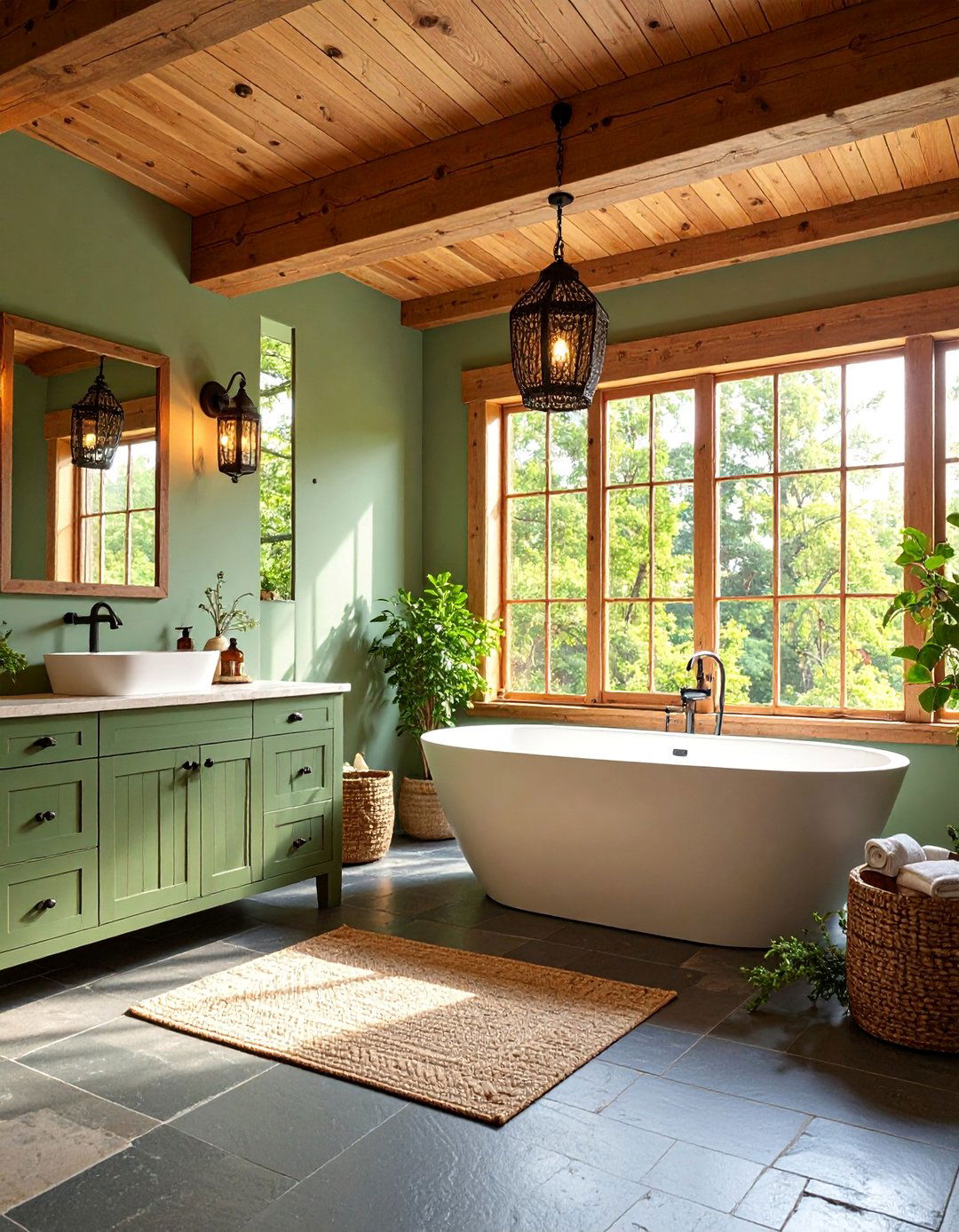 Rustic Sage Green Bathroom with Wood Beams - 25 Sage Green Bathroom Ideas