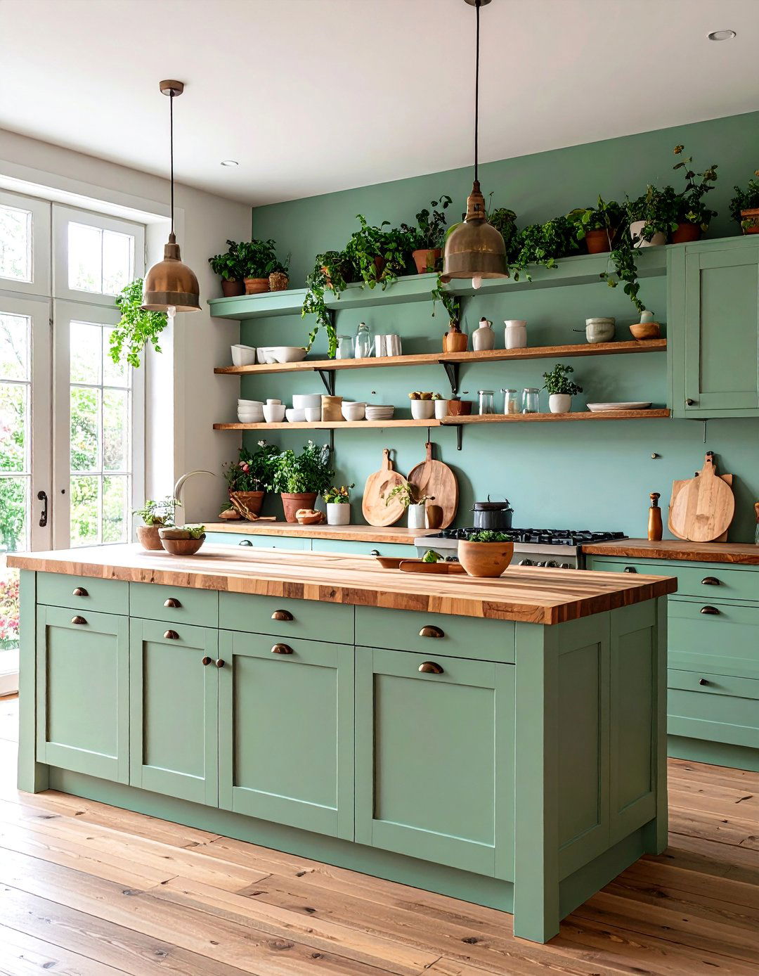 Rustic Sage Green Island with Open Shelving Display - 25 Rustic Sage Green Kitchen Cabinets