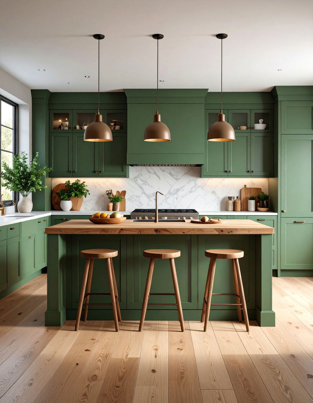 Rustic Sage Green with Butcher Block Island and Pendant Lighting - 25 Rustic Sage Green Kitchen Cabinets