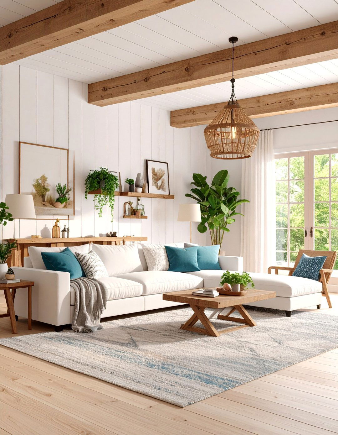 Rustic Shiplap Ceiling with Exposed Wooden Beams - 25 Living Room Ceiling Ideas