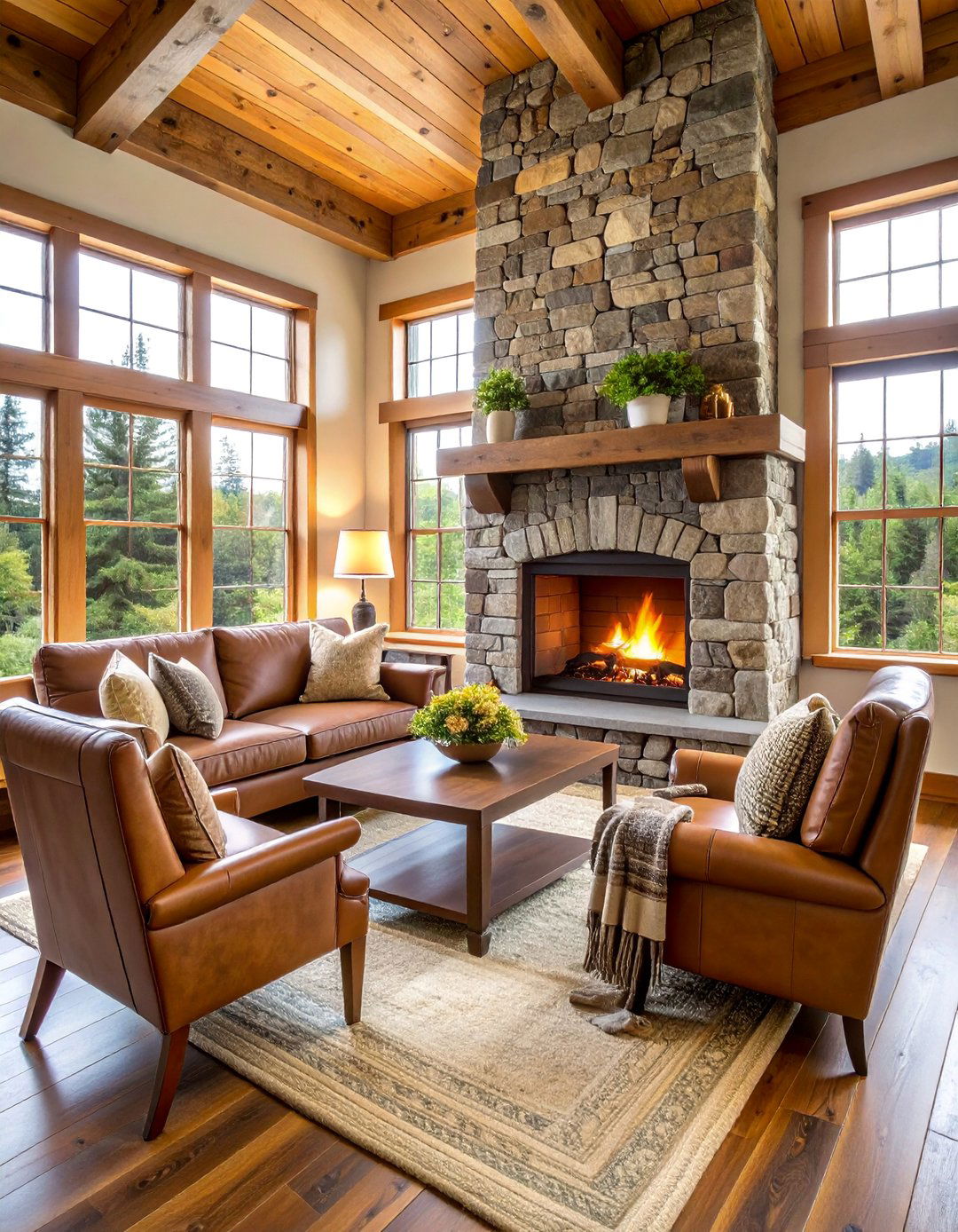 Rustic Stacked Stone Fireplace with Reclaimed Wood Mantel - 25 Cabin Fireplace Ideas