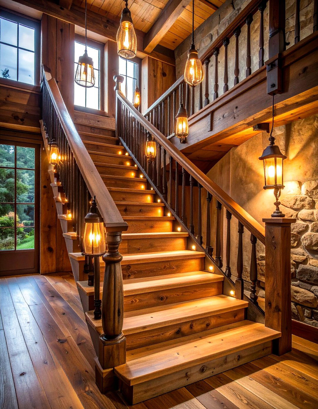 Rustic Staircase Lighting with Natural Materials - 25 Staircase Lighting Ideas