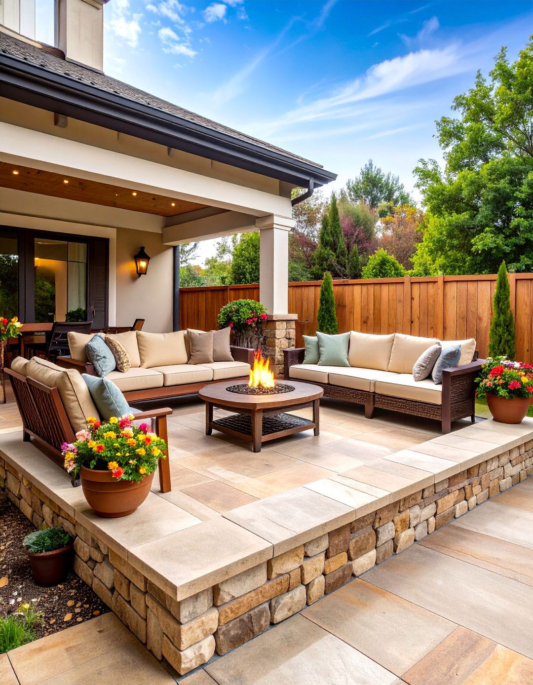 Rustic Stamped Concrete Raised Patio with Stone Texture - 25 Raised Concrete Patio Ideas