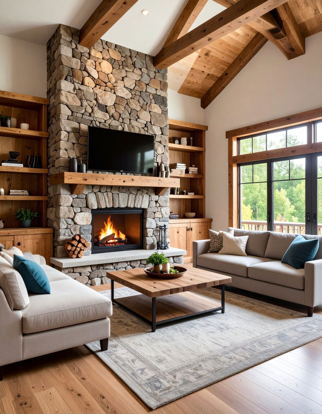 Rustic Stone Accent Wall with Built In Shelving - 25 Tv Over Fireplace Ideas
